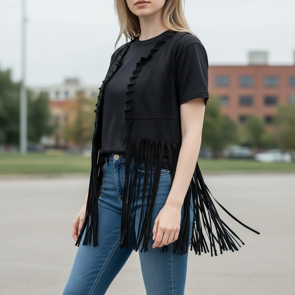Hotouch Womens XXL Black Faux Suede Fringe Vest Whipstitch Open Front Boho XXL